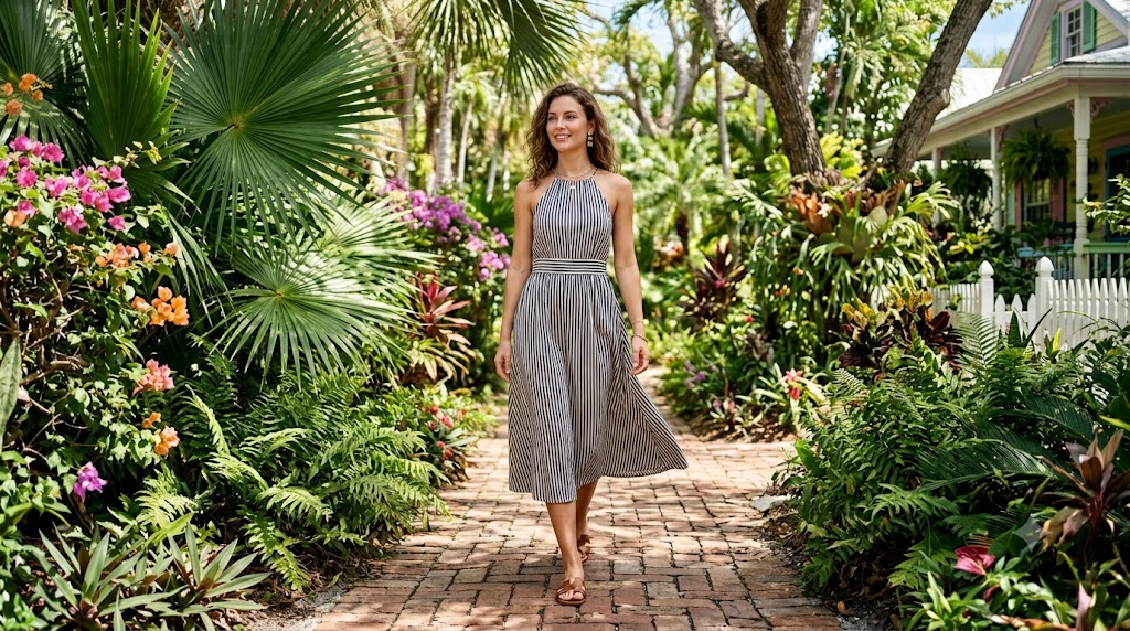 Micro-Striped Halter Midi Dress & Flat Leather Slides